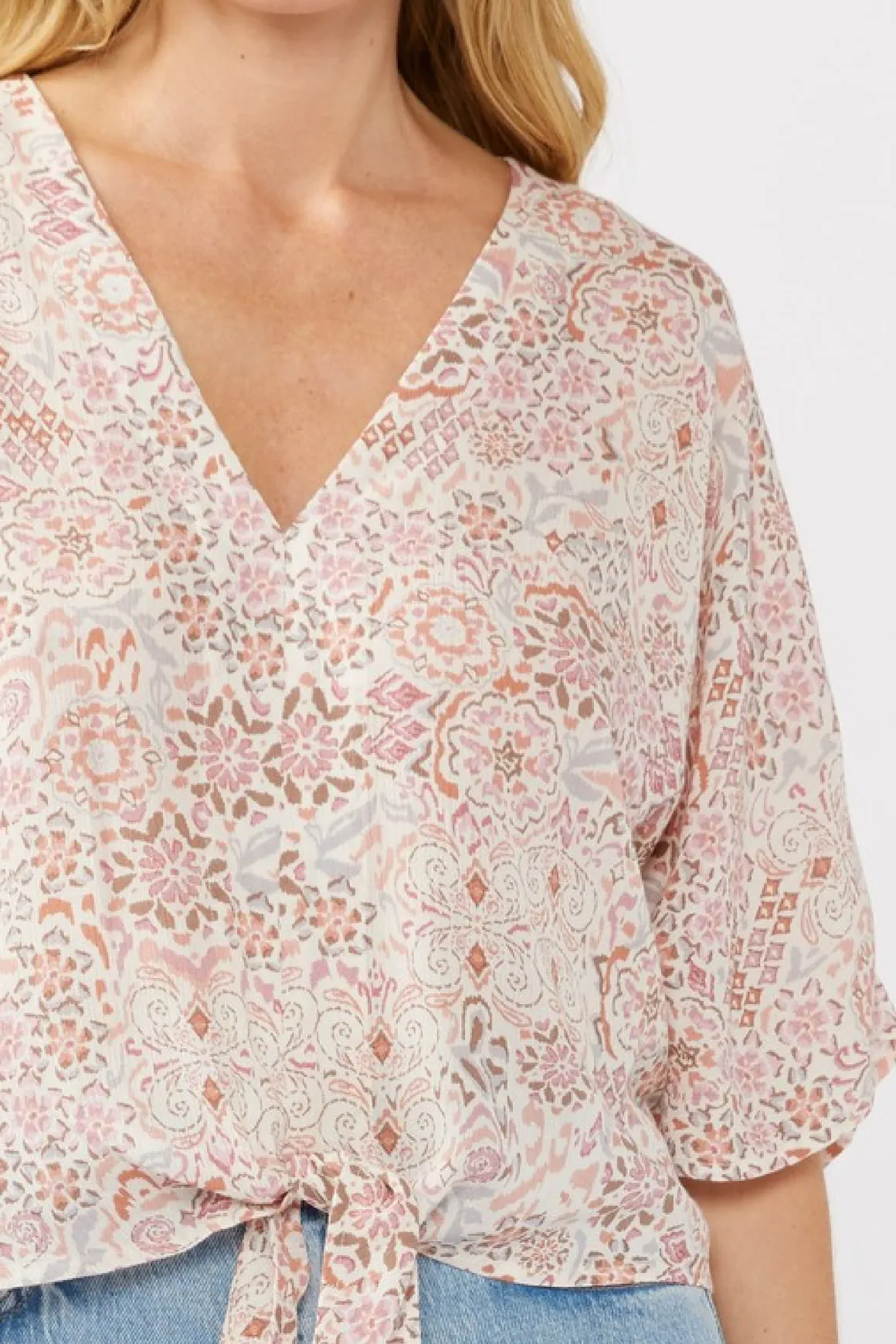 Raquel Short Kimono Sleeve Front Tie Floral Print Top Blush