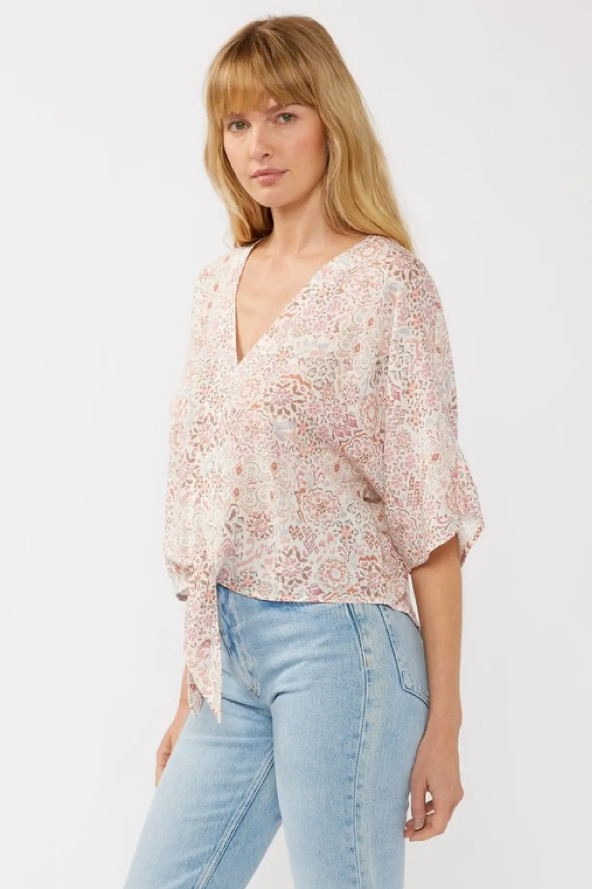 Raquel Short Kimono Sleeve Front Tie Floral Print Top Blush