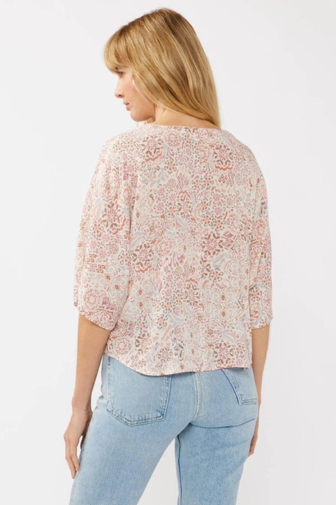 Raquel Short Kimono Sleeve Front Tie Floral Print Top Blush