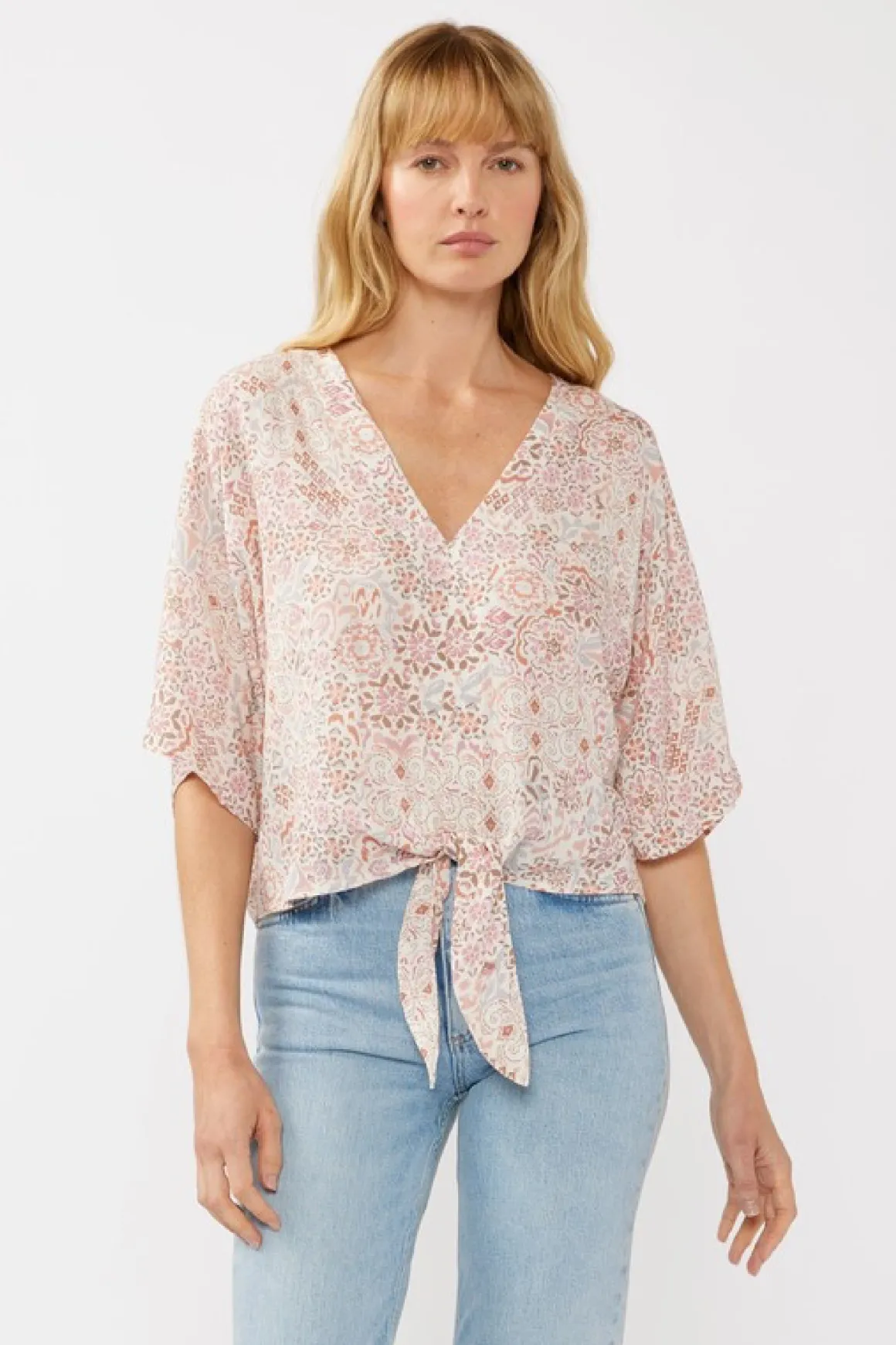 Raquel Short Kimono Sleeve Front Tie Floral Print Top Blush