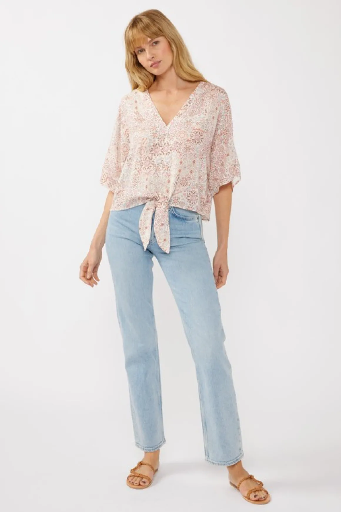 Raquel Short Kimono Sleeve Front Tie Floral Print Top Blush