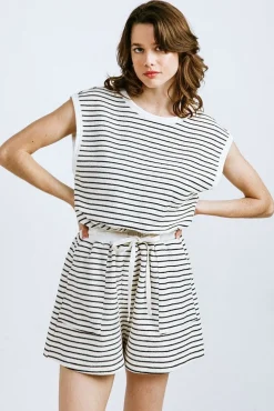 Rayna Sleeveless Waist Tie Stripe Print Romper Cream