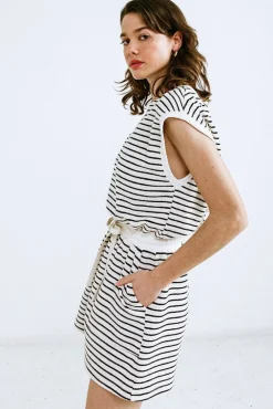 Rayna Sleeveless Waist Tie Stripe Print Romper Cream