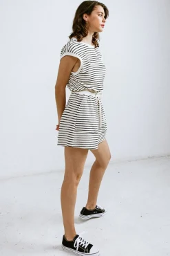 Rayna Sleeveless Waist Tie Stripe Print Romper Cream