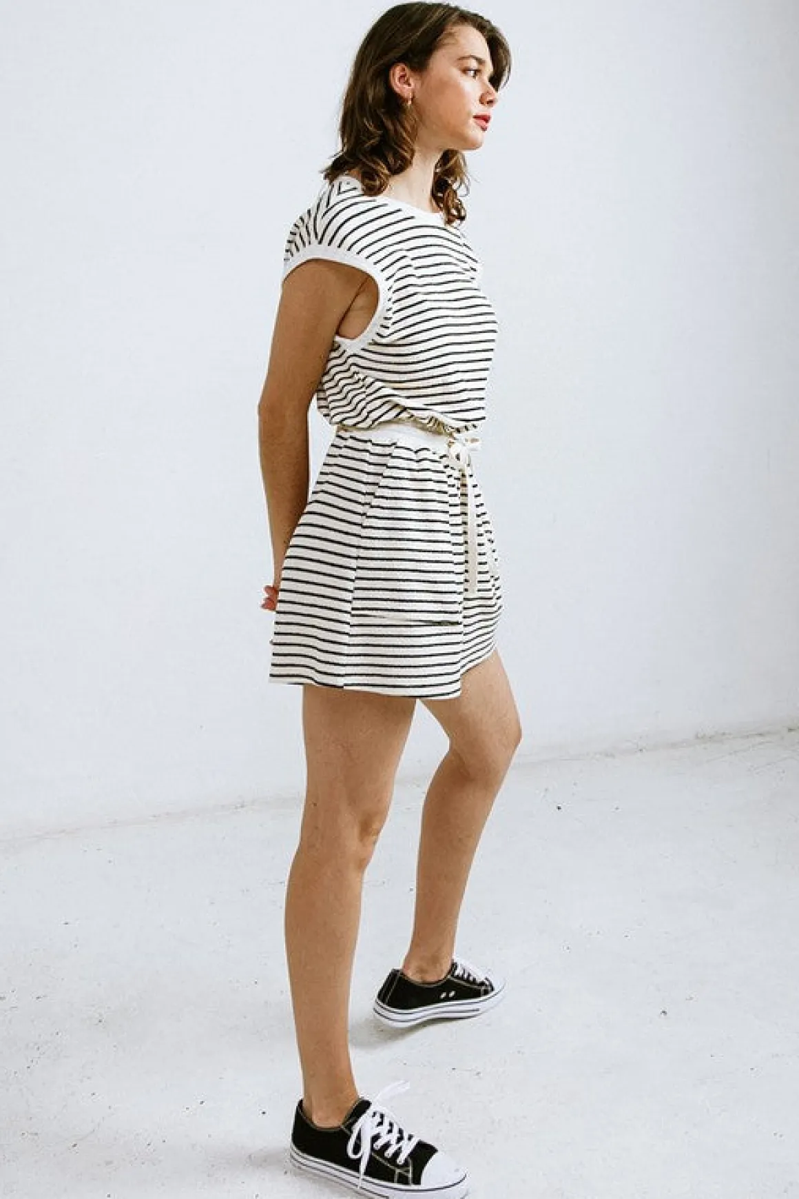 Rayna Sleeveless Waist Tie Stripe Print Romper Cream