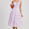 Reba Sleeveless Strawberry Print Poplin Midi Dress White