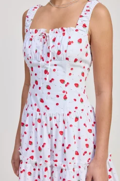 Reba Sleeveless Strawberry Print Poplin Midi Dress White
