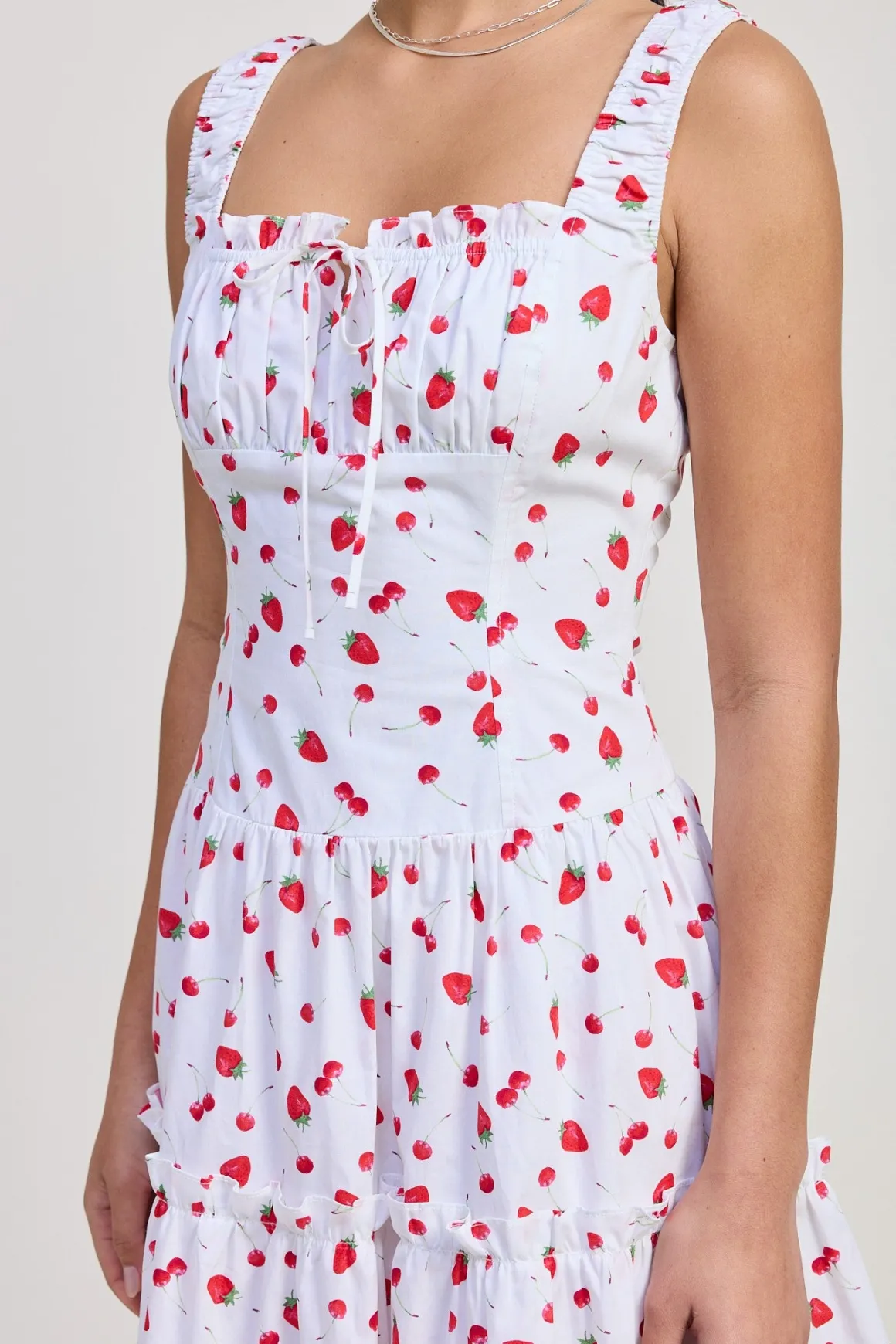 Reba Sleeveless Strawberry Print Poplin Midi Dress White