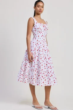 Reba Sleeveless Strawberry Print Poplin Midi Dress White