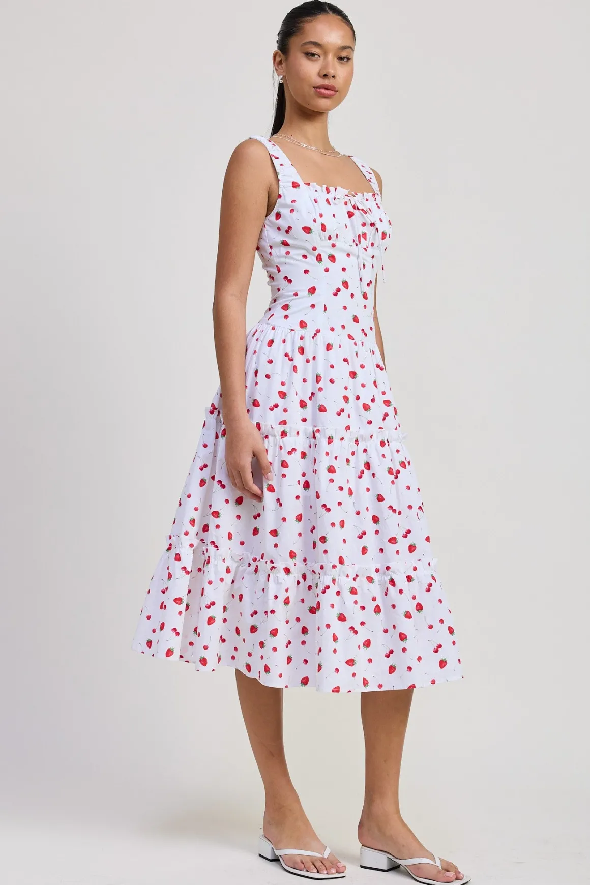 Reba Sleeveless Strawberry Print Poplin Midi Dress White
