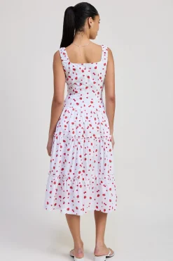Reba Sleeveless Strawberry Print Poplin Midi Dress White