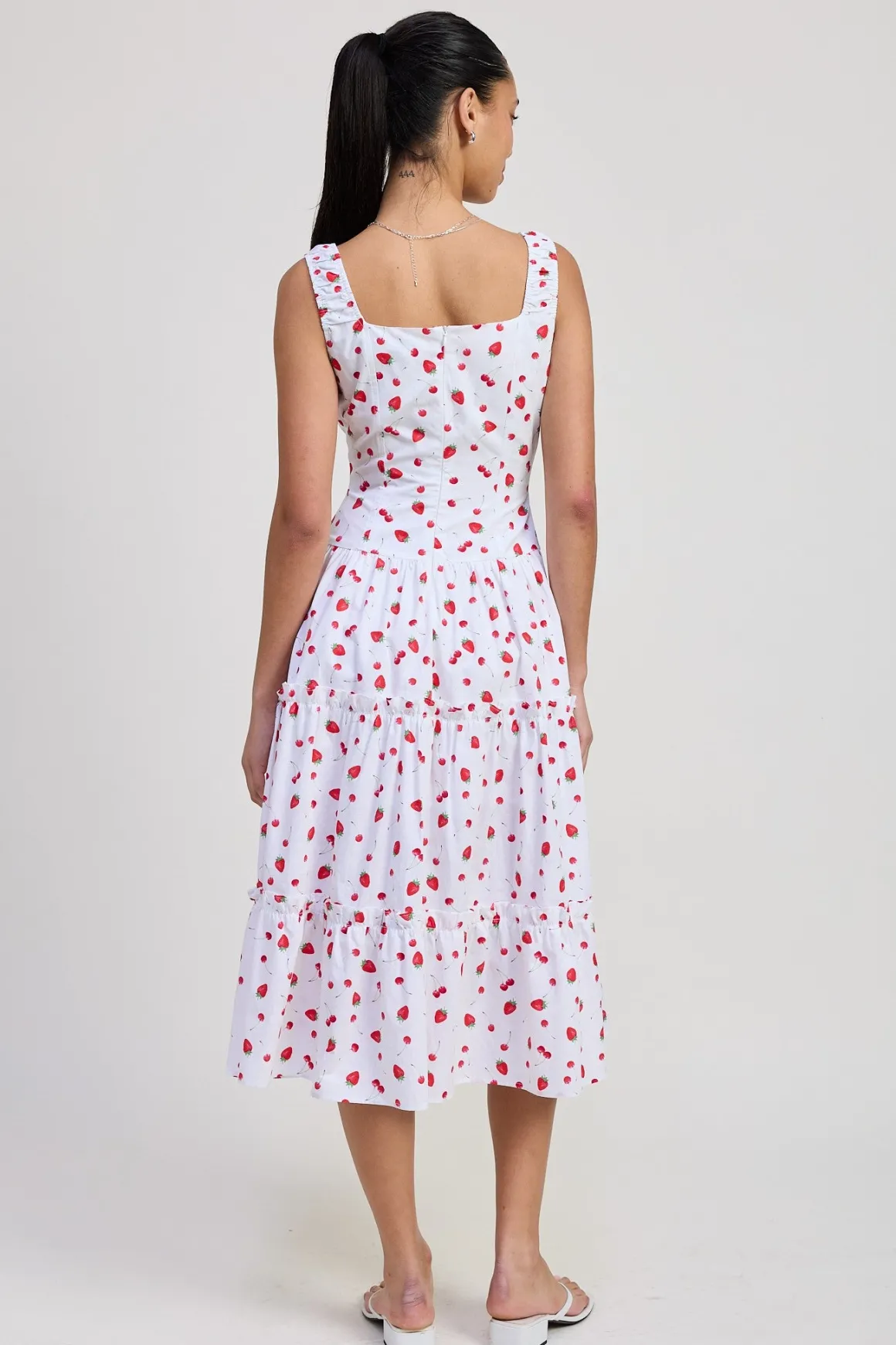 Reba Sleeveless Strawberry Print Poplin Midi Dress White