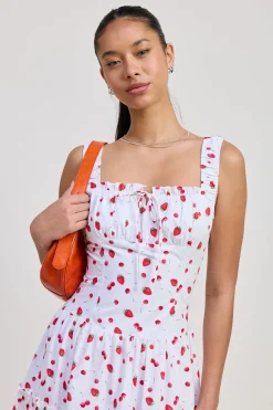 Reba Sleeveless Strawberry Print Poplin Midi Dress White