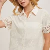 Rebecca Short Sleeve Button Down Embroidered Lace Top Natural