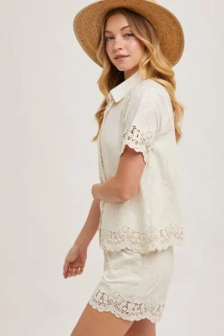 Rebecca Short Sleeve Button Down Embroidered Lace Top Natural