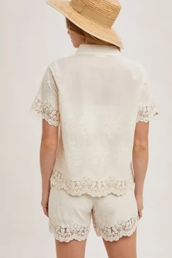 Rebecca Short Sleeve Button Down Embroidered Lace Top Natural