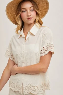 Rebecca Short Sleeve Button Down Embroidered Lace Top Natural