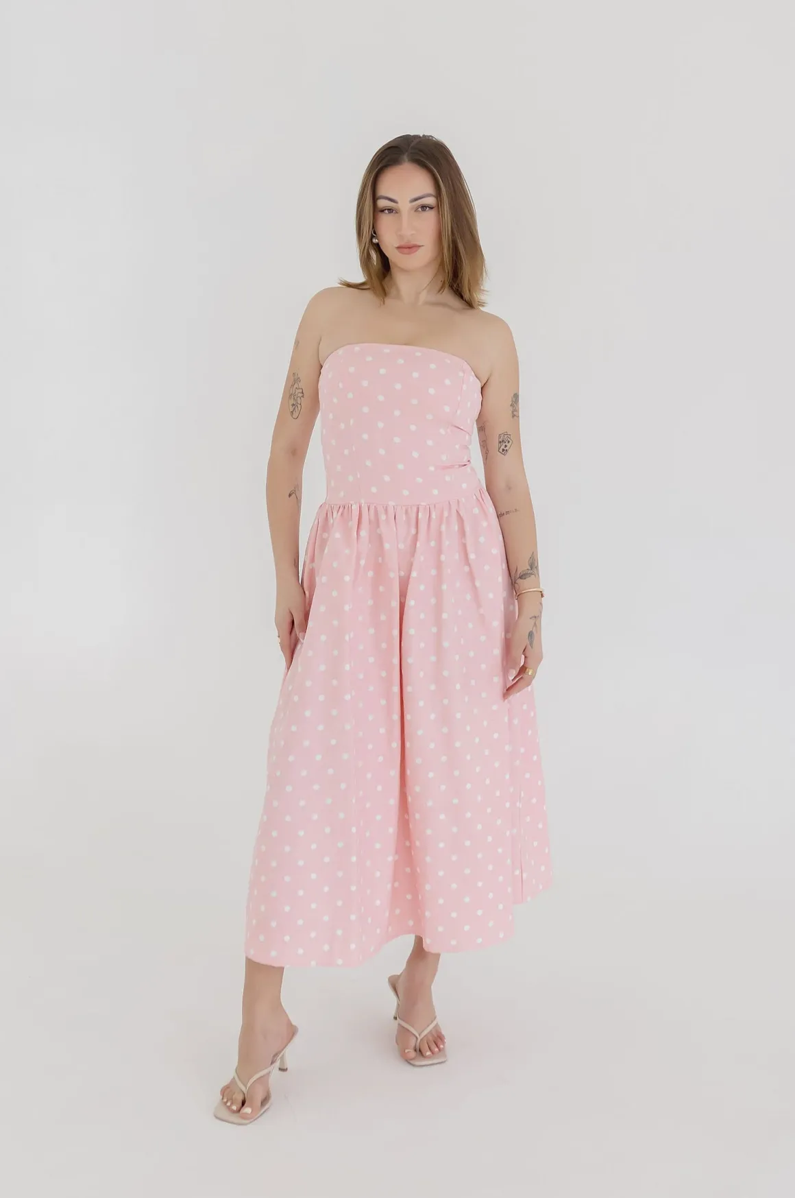 Reese Sleeveless Polka Dot Print Midi Dress Pink