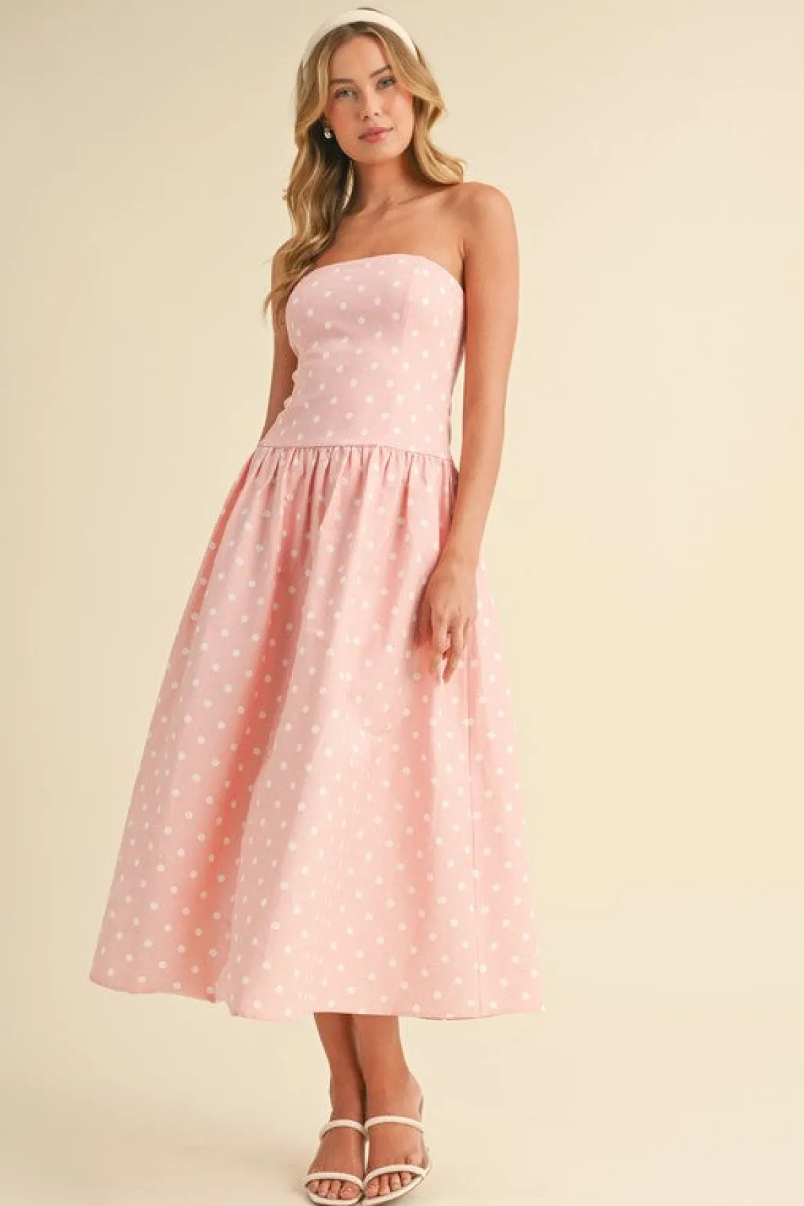 Reese Sleeveless Polka Dot Print Midi Dress Pink