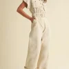 Regan Short Sleeve Button Down Belted Wide Leg Linen Jumpsuit Natural