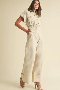 Regan Short Sleeve Button Down Belted Wide Leg Linen Jumpsuit Natural