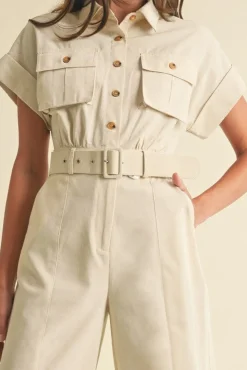 Regan Short Sleeve Button Down Belted Wide Leg Linen Jumpsuit Natural