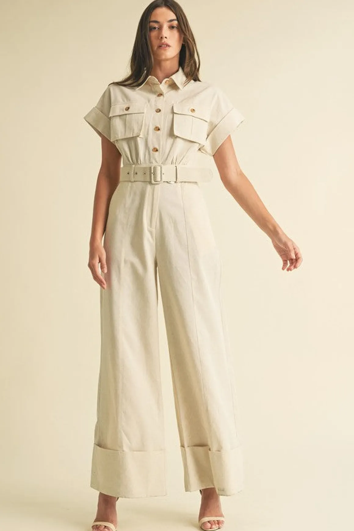 Regan Short Sleeve Button Down Belted Wide Leg Linen Jumpsuit Natural