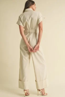 Regan Short Sleeve Button Down Belted Wide Leg Linen Jumpsuit Natural