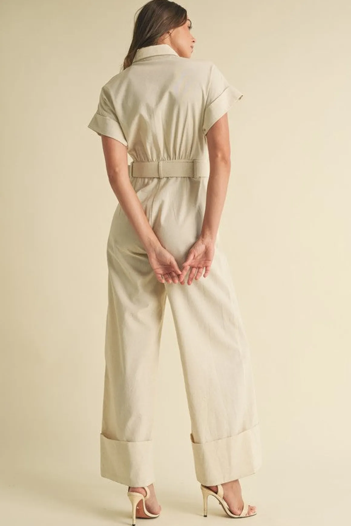 Regan Short Sleeve Button Down Belted Wide Leg Linen Jumpsuit Natural