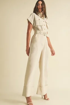 Regan Short Sleeve Button Down Belted Wide Leg Linen Jumpsuit Natural