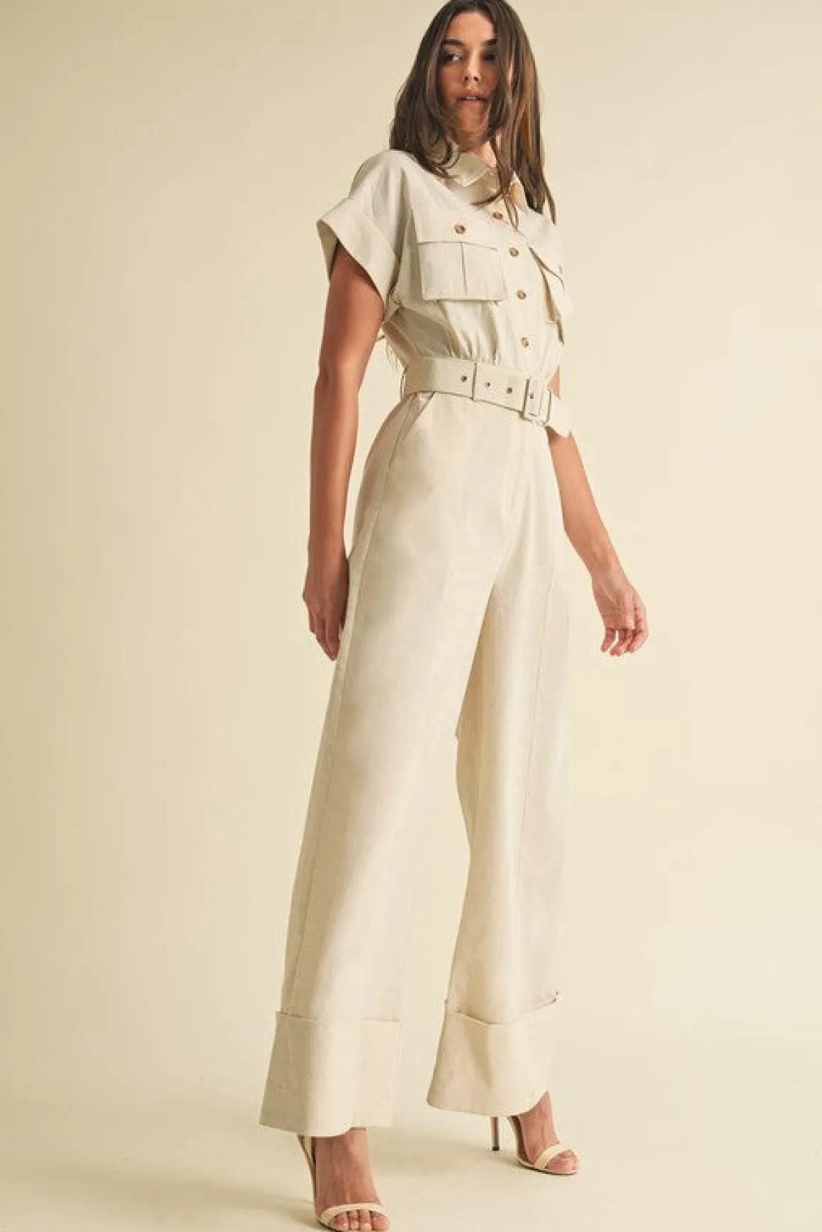 Regan Short Sleeve Button Down Belted Wide Leg Linen Jumpsuit Natural