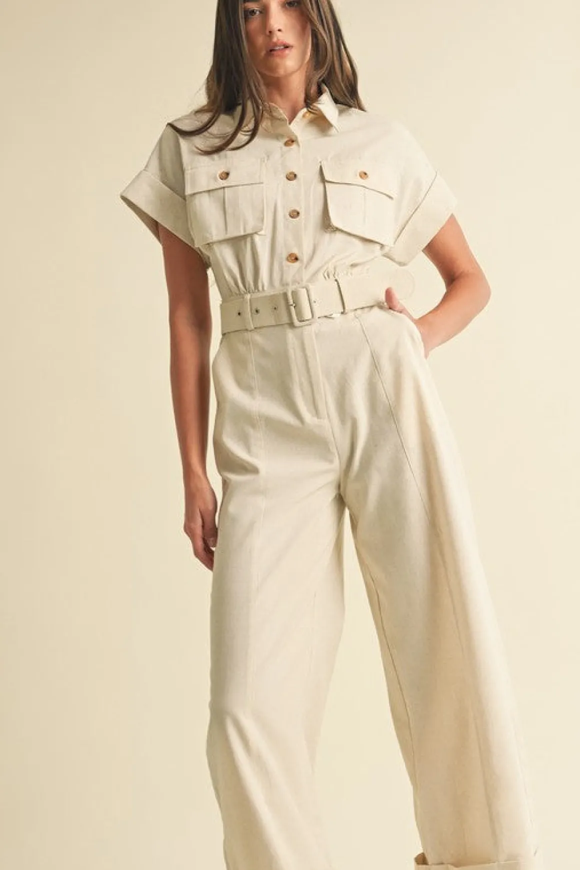 Regan Short Sleeve Button Down Belted Wide Leg Linen Jumpsuit Natural