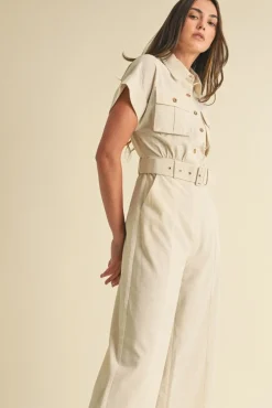 Regan Short Sleeve Button Down Belted Wide Leg Linen Jumpsuit Natural