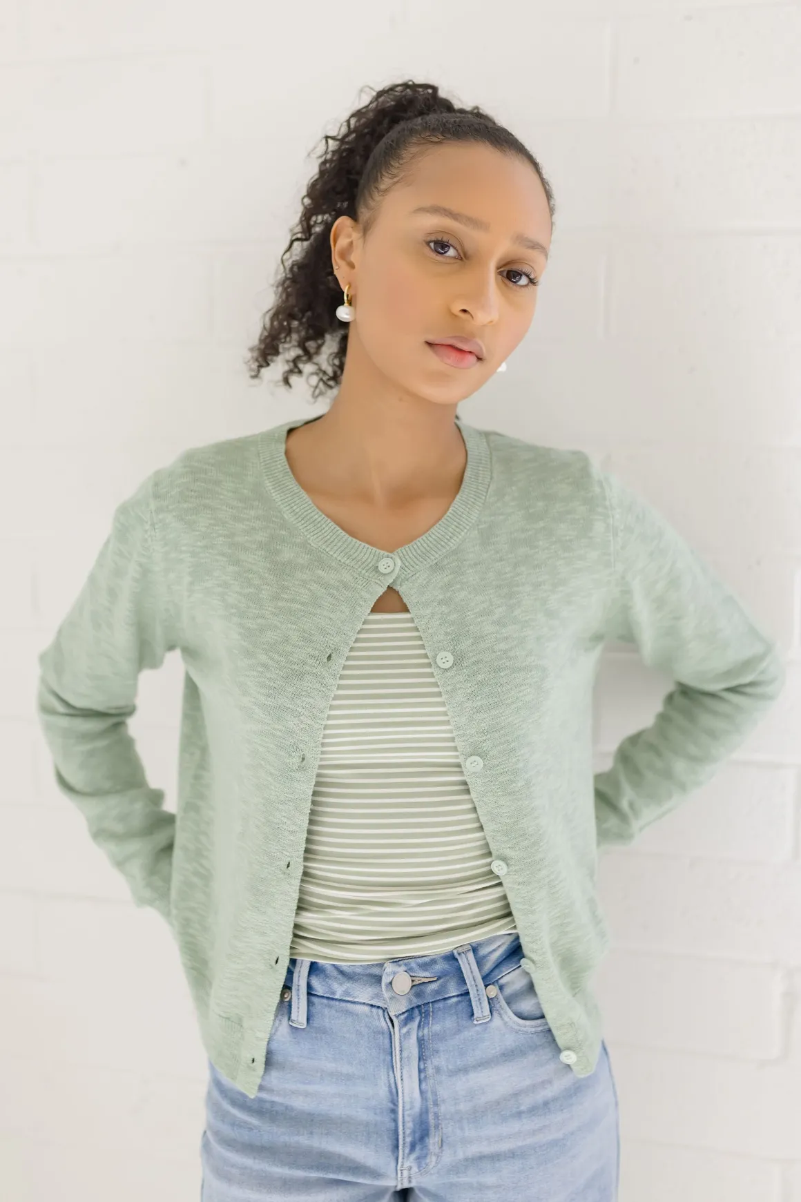 Remi Long Sleeve Button Down Cardigan Green