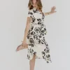 Renata Short Sleeve Button Down Waist Tie Floral Print Midi Dress White