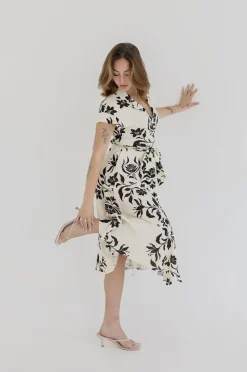 Renata Short Sleeve Button Down Waist Tie Floral Print Midi Dress White