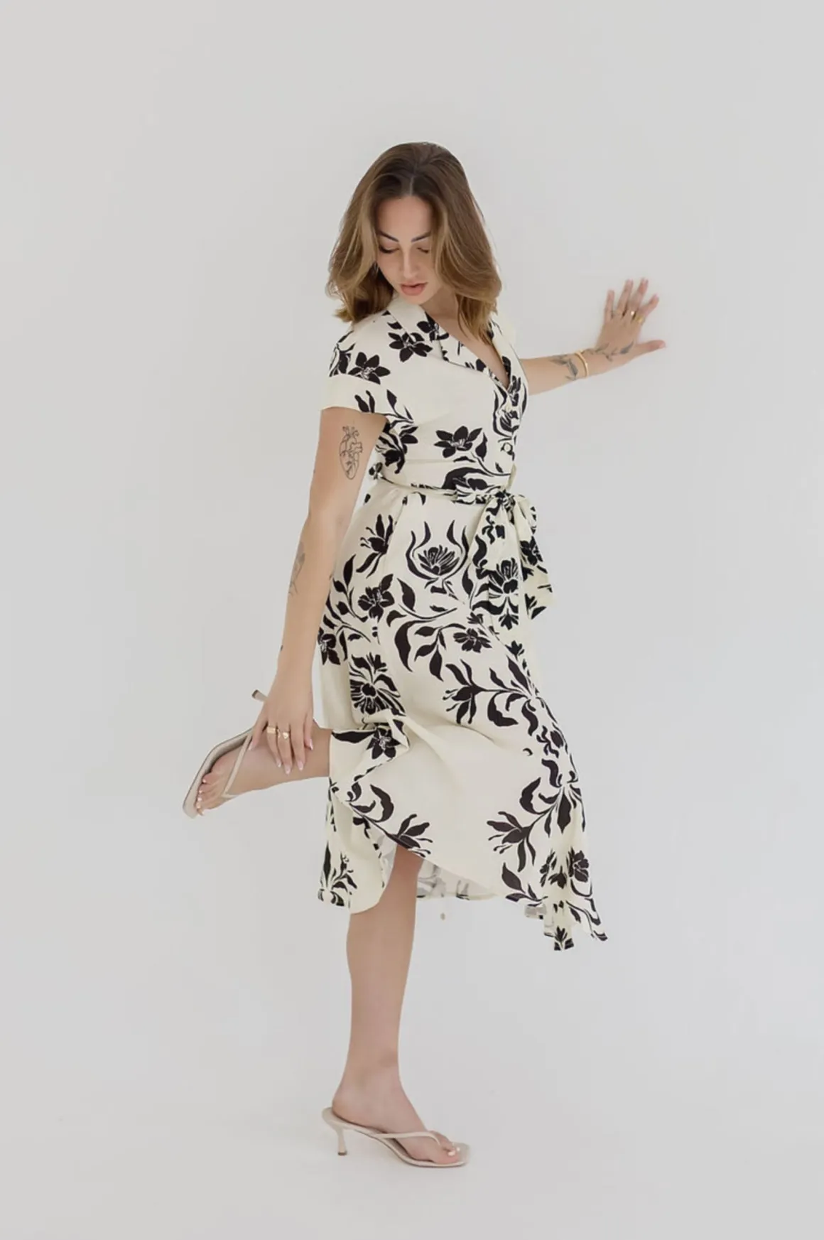 Renata Short Sleeve Button Down Waist Tie Floral Print Midi Dress White