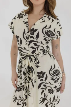 Renata Short Sleeve Button Down Waist Tie Floral Print Midi Dress White