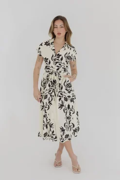 Renata Short Sleeve Button Down Waist Tie Floral Print Midi Dress White