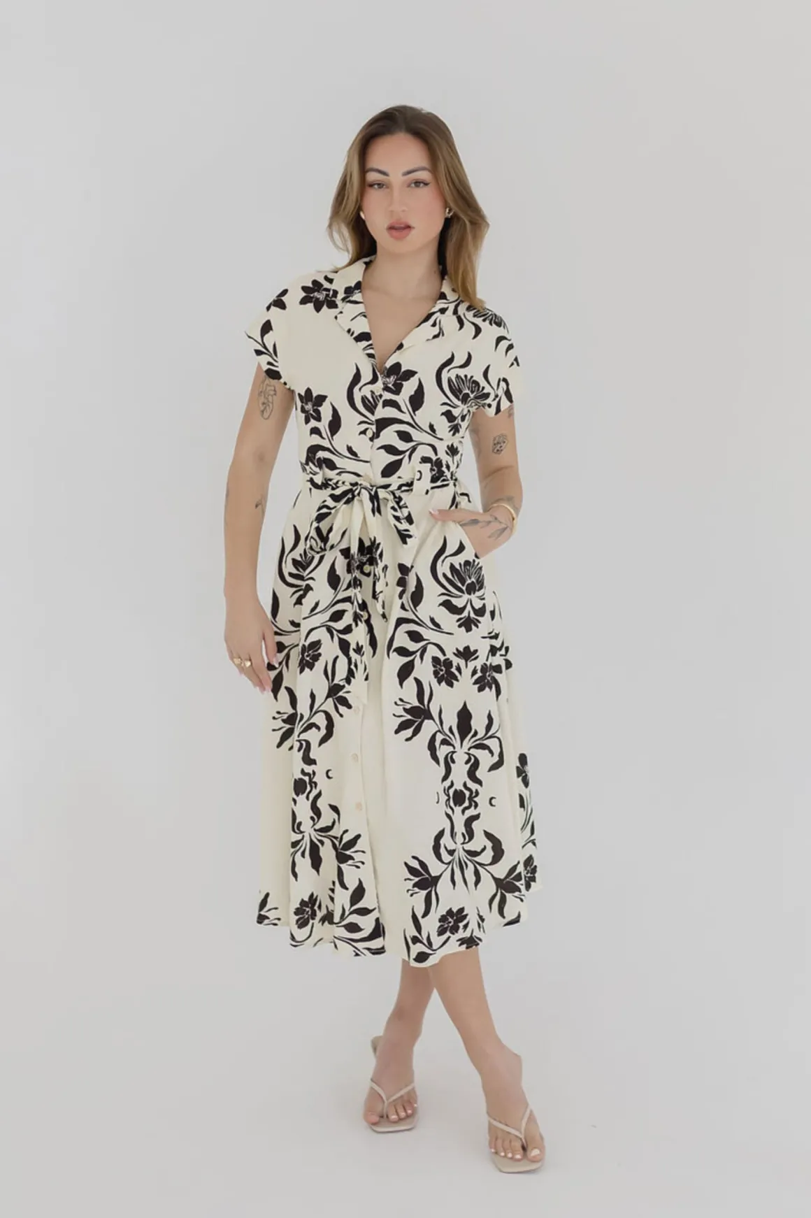 Renata Short Sleeve Button Down Waist Tie Floral Print Midi Dress White