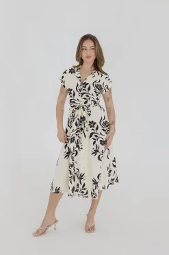 Renata Short Sleeve Button Down Waist Tie Floral Print Midi Dress White
