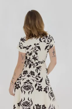 Renata Short Sleeve Button Down Waist Tie Floral Print Midi Dress White