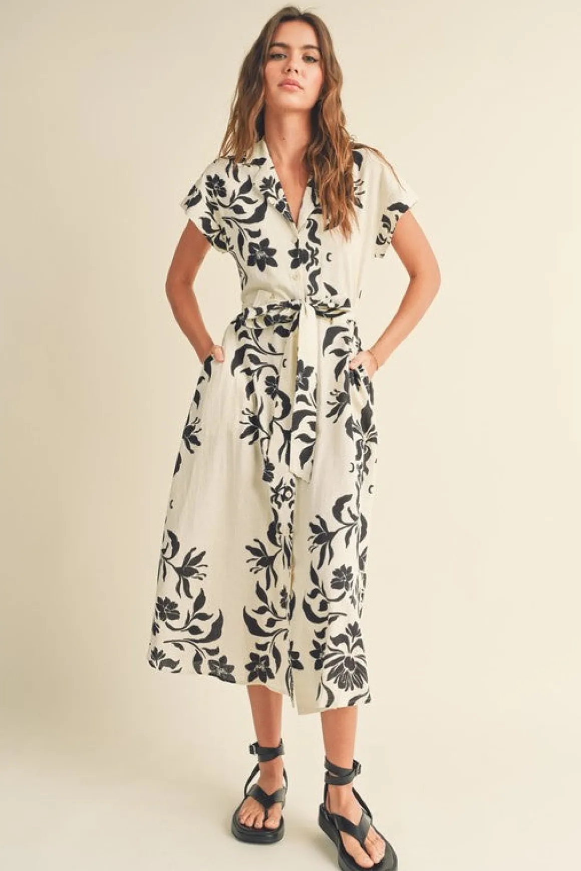 Renata Short Sleeve Button Down Waist Tie Floral Print Midi Dress White