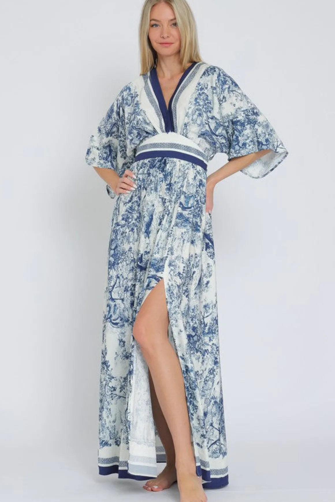 Rhiannon Kimono Sleeve Printed Maxi Dress Navy