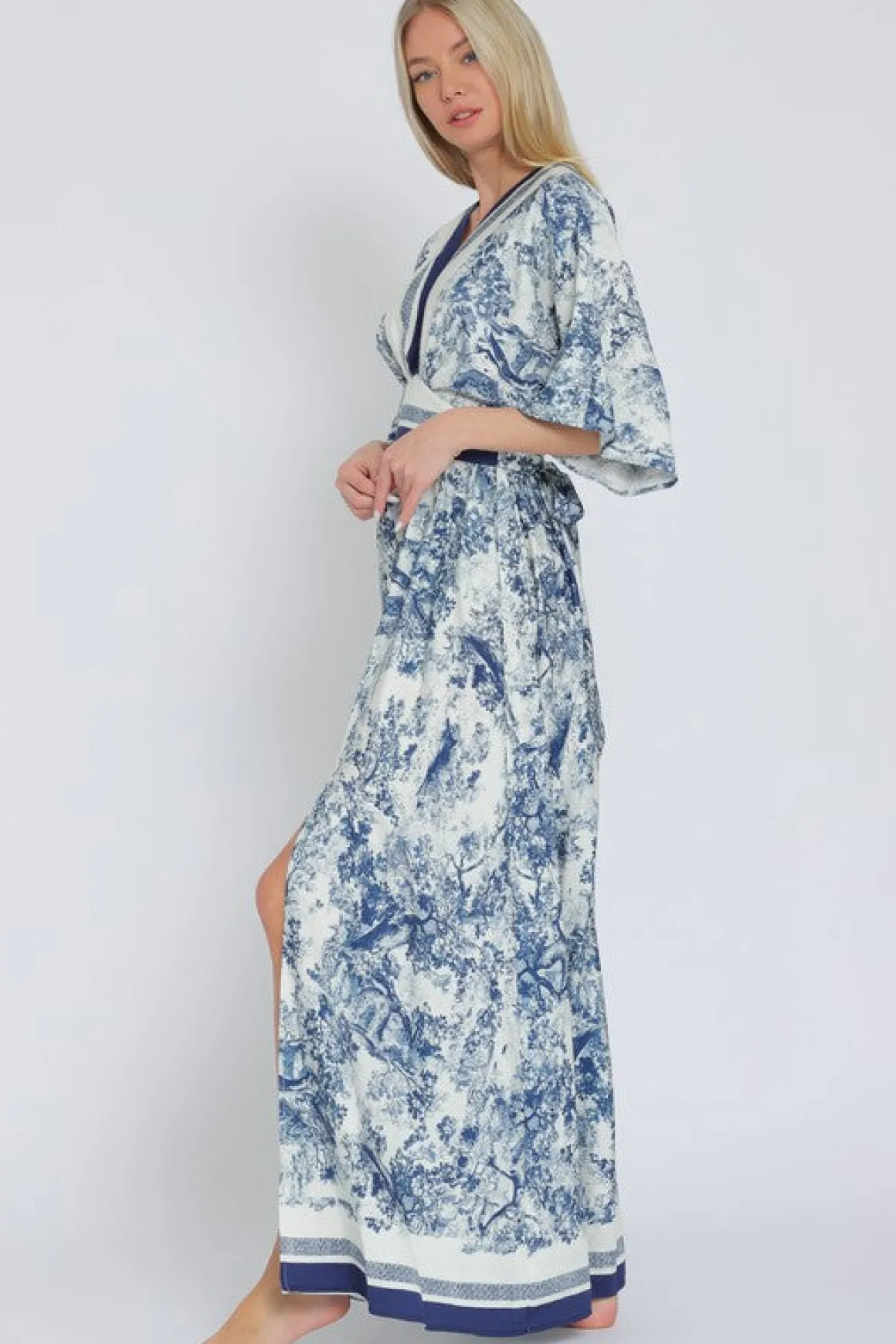 Rhiannon Kimono Sleeve Printed Maxi Dress Navy