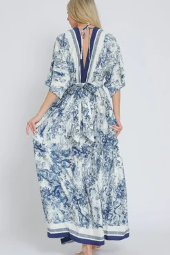 Rhiannon Kimono Sleeve Printed Maxi Dress Navy
