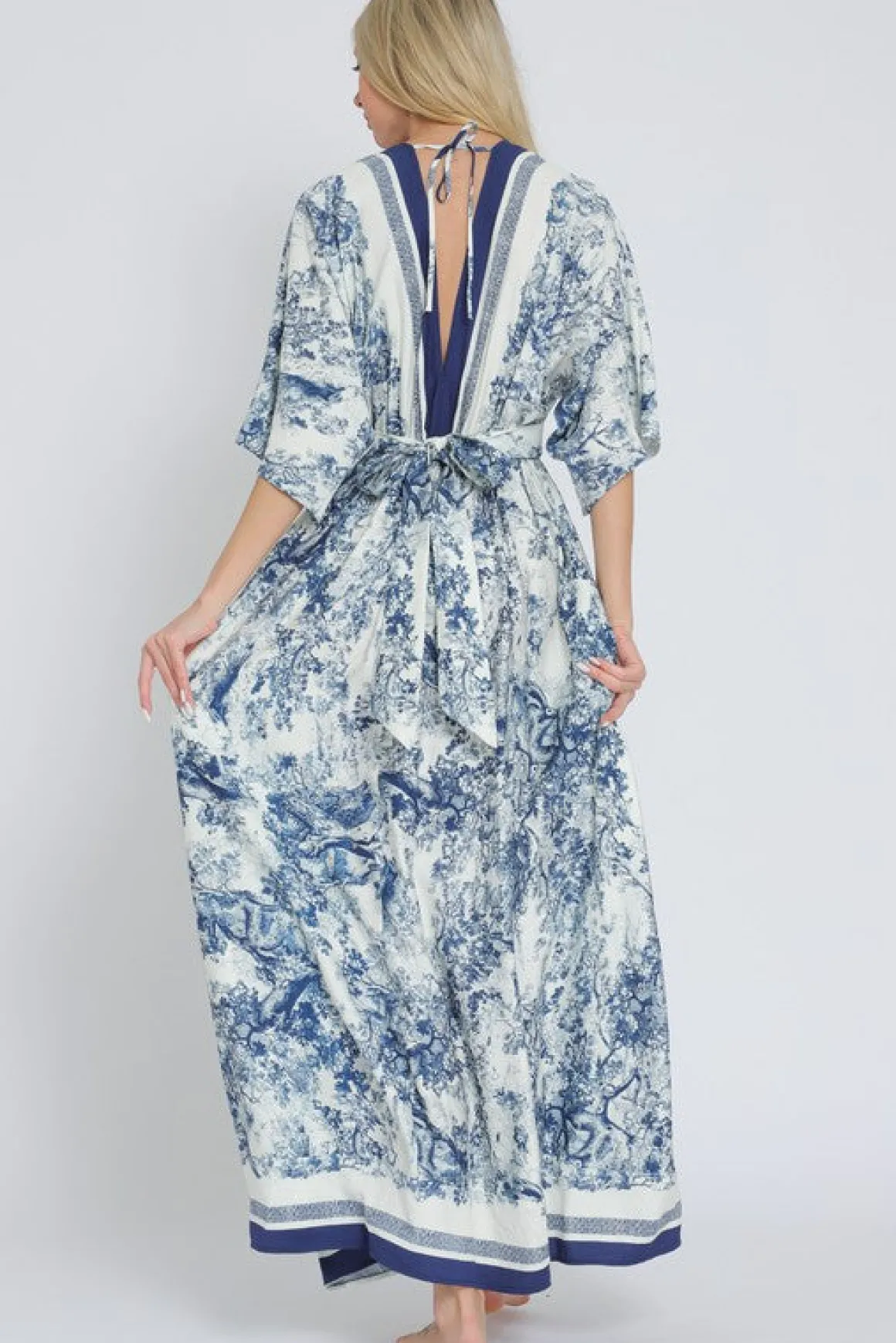 Rhiannon Kimono Sleeve Printed Maxi Dress Navy
