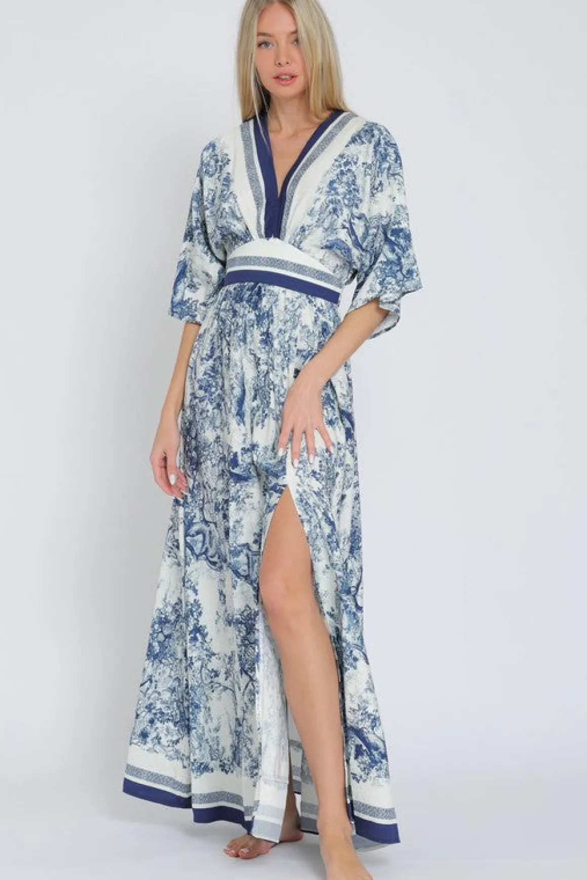 Rhiannon Kimono Sleeve Printed Maxi Dress Navy