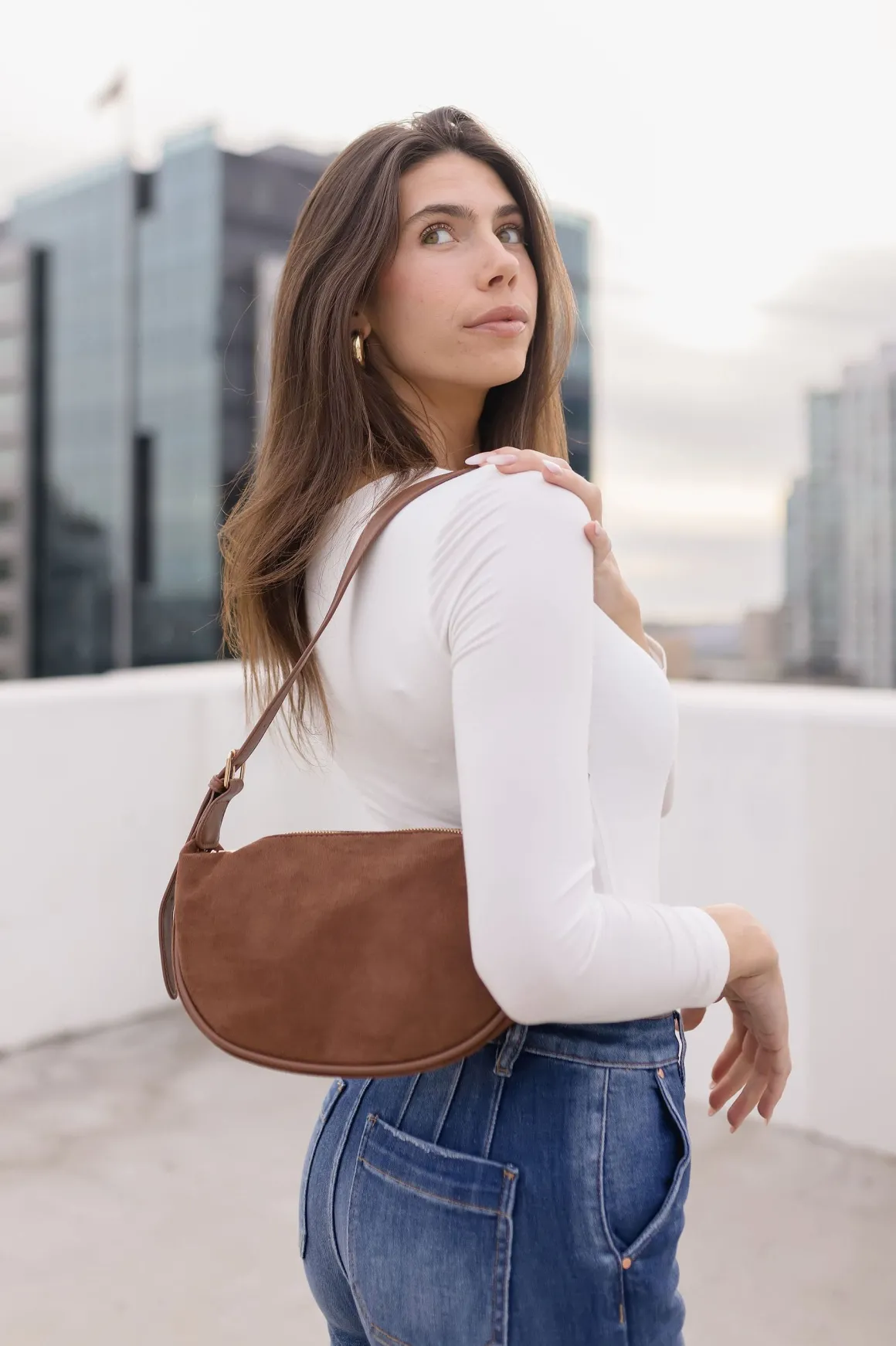 Riley Faux Suede Shoulder Purse Brown