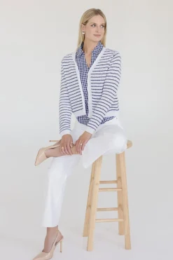 Robin Long Sleeve Button Down Stripe Print Knit Cardigan Navy